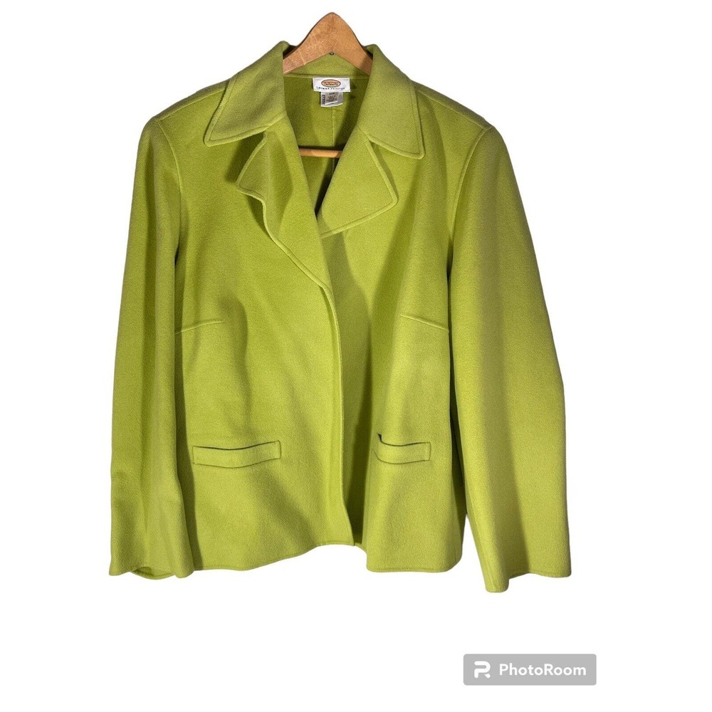 Talbots Woman Petites 22W Lime Green 100% Wool Open Front Cardigan Blazer Pocket
